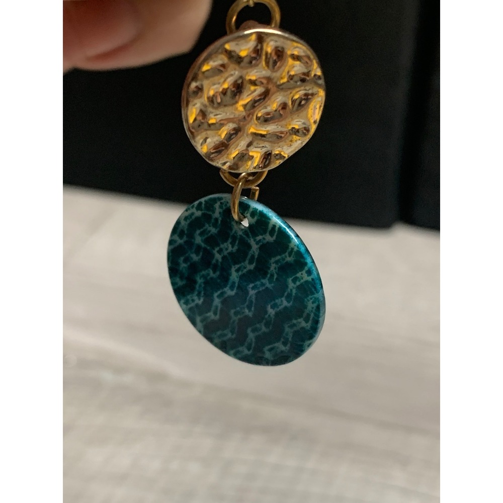 Hammered Gold Tone and Teal Blue Patterned Resin Circular Drop Earrings